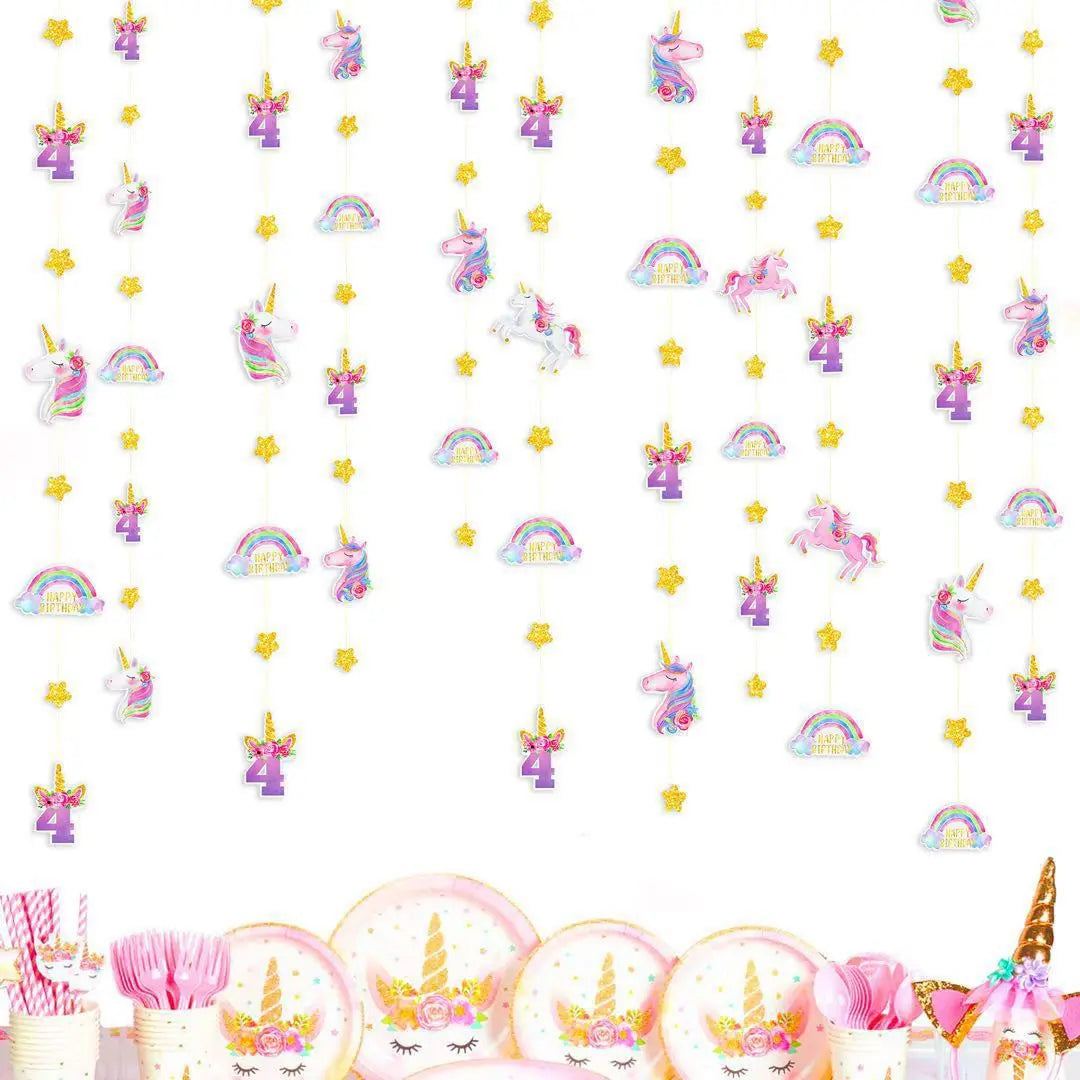 Unicorn 4 -year -old Birthday Garland 4 pieces about 16m Birthday 4 years old Pink | ユニコーン 4歳の誕生日 ガーランド 4本入 約16m 誕生日 4才 ピンク