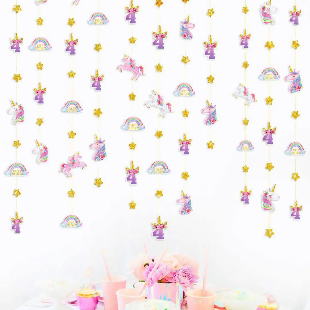 Unicorn 4 -year -old Birthday Garland 4 pieces about 16m Birthday 4 years old Pink | ユニコーン 4歳の誕生日 ガーランド 4本入 約16m 誕生日 4才 ピンク