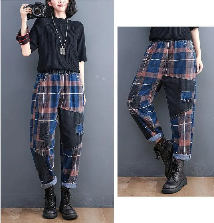 Large size women's denim pants elastic waist new check