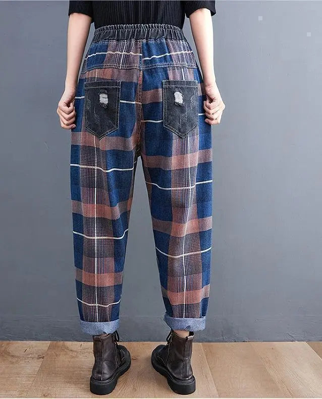 Large size women's denim pants elastic waist new check