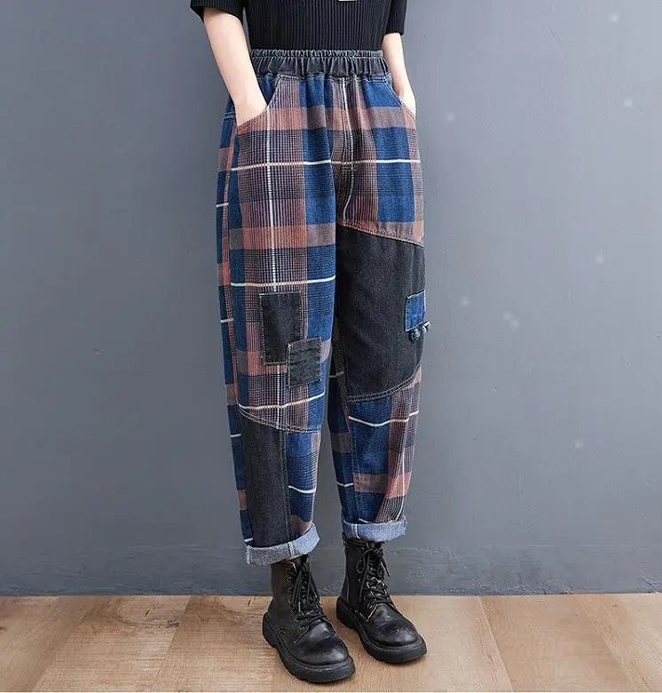 Large size women's denim pants elastic waist new check