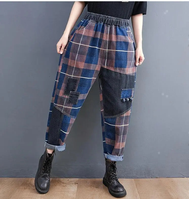 Large size women's denim pants elastic waist new check