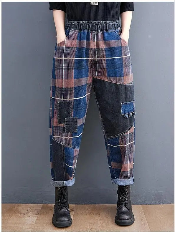 Large size women's denim pants elastic waist new check