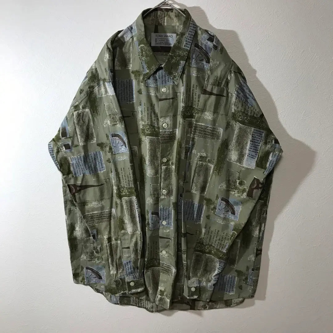 [Used clothing for unique clothing] Made in Japan, long sleeve all-over design shirt, English lettering, European style, green, men's L