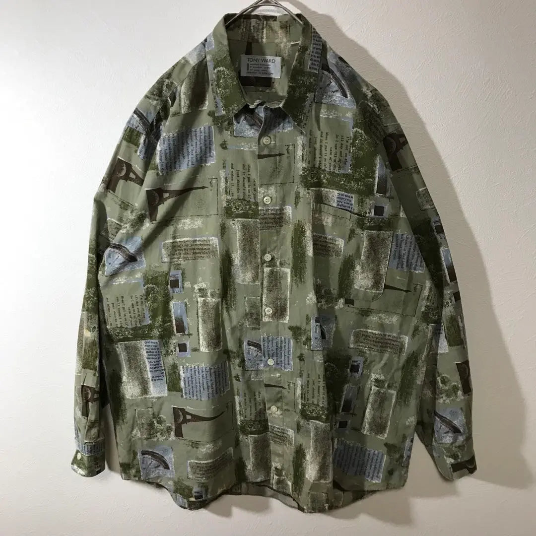 [Used clothing for unique clothing] Made in Japan, long sleeve all-over design shirt, English lettering, European style, green, men's L