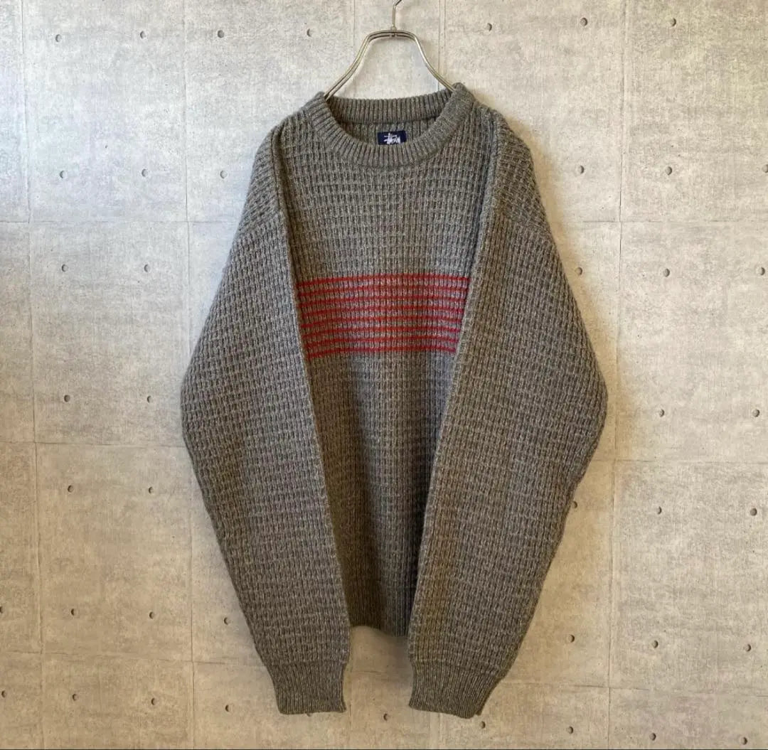 Stussy Striped Border Knit Wool Blend Sweater Grey M