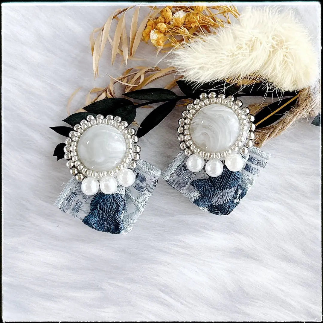 #510 Large/Embroidered ribbon/Pearl/Silver/Handmade earrings◆