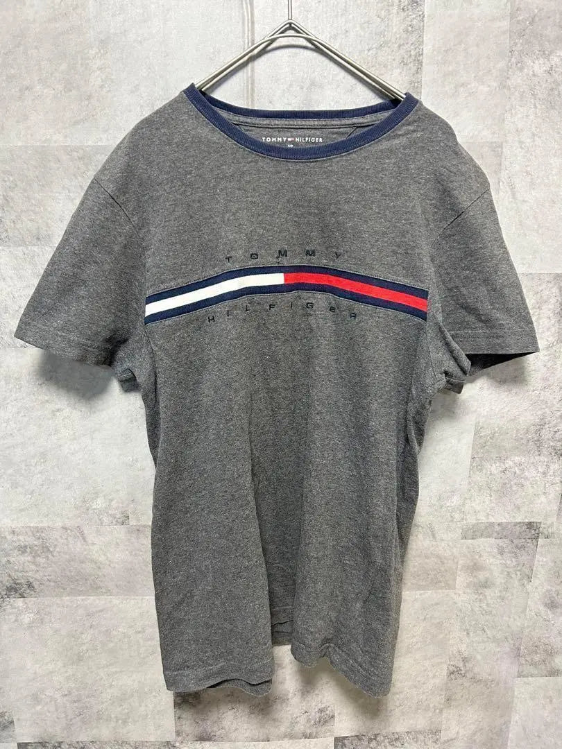 [Tommy] S size short sleeve T-shirt, gray, simple, logo embroidered, men's