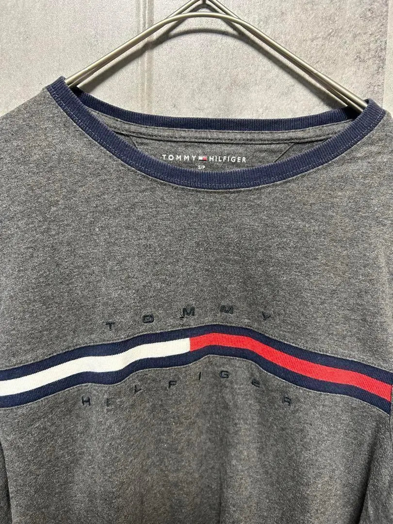 [Tommy] S size short sleeve T-shirt, gray, simple, logo embroidered, men's