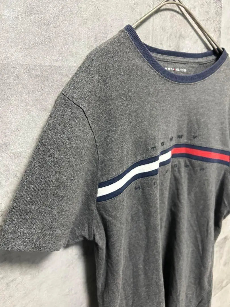 [Tommy] S size short sleeve T-shirt, gray, simple, logo embroidered, men's