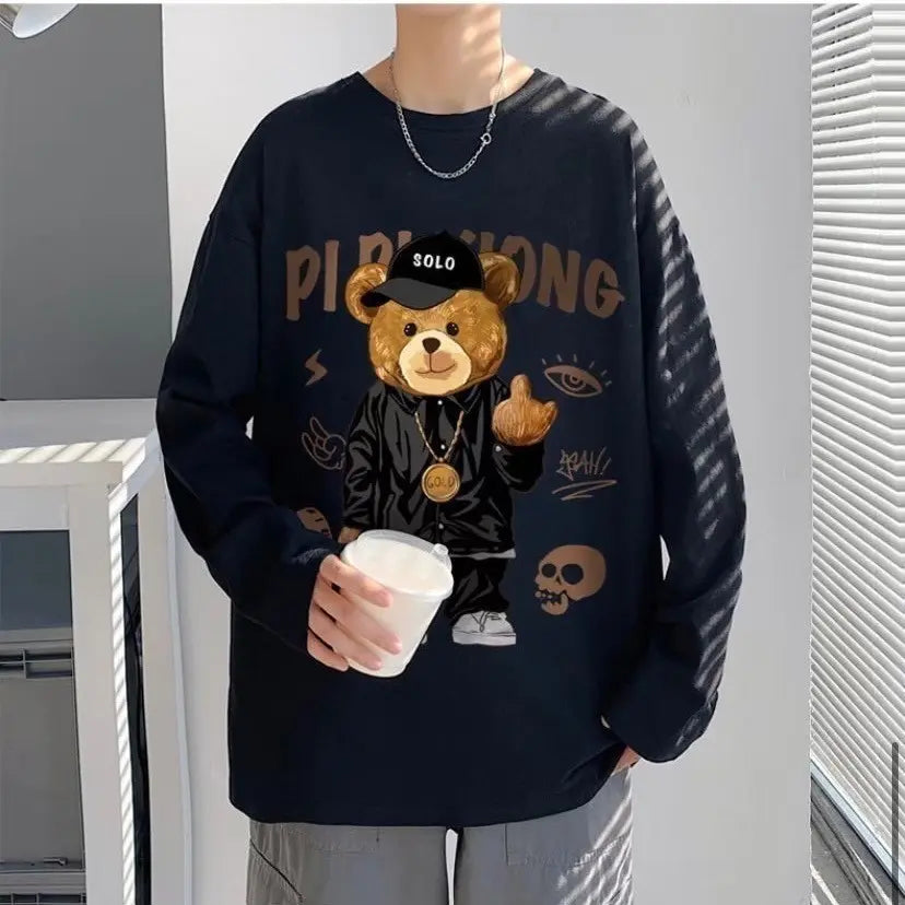 Camiseta de manga larga de oso coreano de 1★ de gran tamaño para hombre, color negro, talla XL