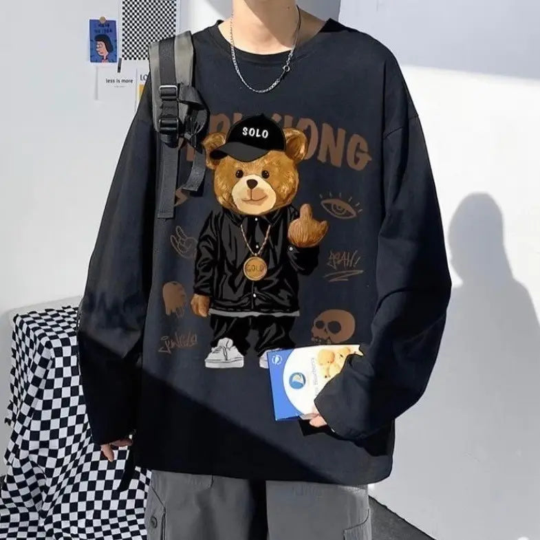 Korean Bear Long Sleeve 1★ Long T-shirt Oversized Black Men's Street XL