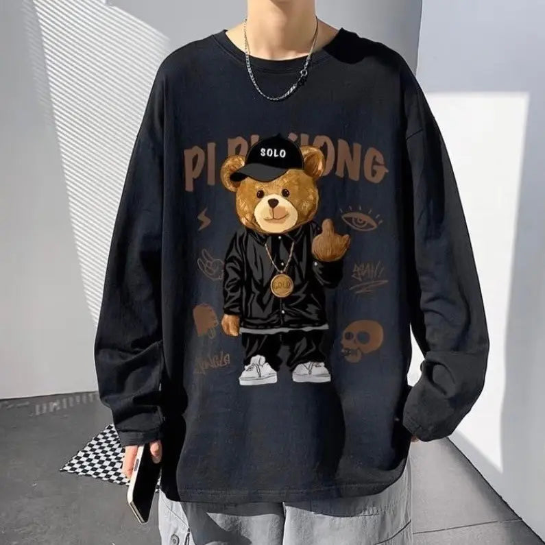 Korean Bear Long Sleeve 1★ Long T-shirt Oversized Black Men's Street XL