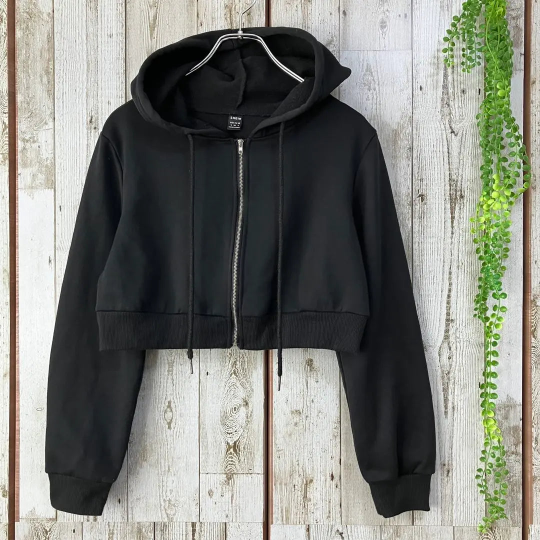 ☆SHEIN☆Hoodie, Short Length, Black, S, Zip-Up, Fleece Lined, Long Sleeve