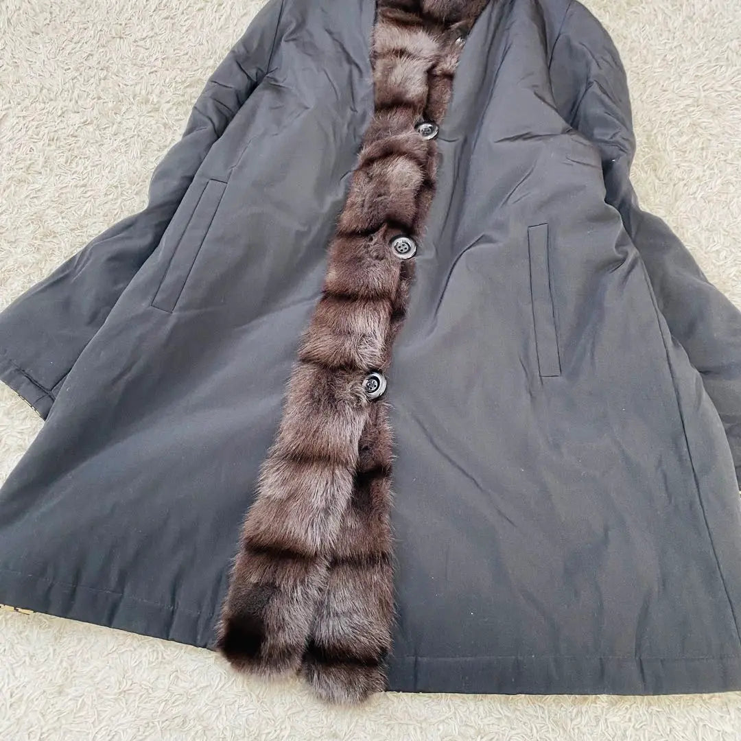 [Rare and beautiful condition] Reversible 100% silk fur coat Houndstooth pattern Russian squirrel