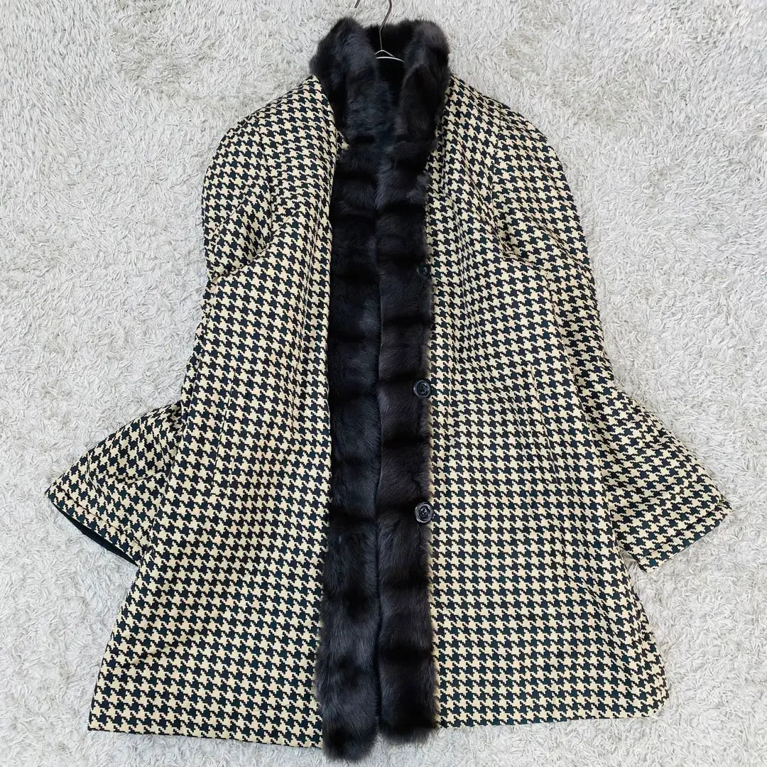 [Rare and beautiful condition] Reversible 100% silk fur coat Houndstooth pattern Russian squirrel