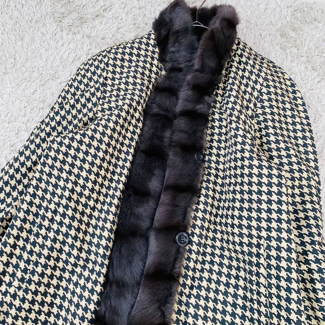 [Rare and beautiful condition] Reversible 100% silk fur coat Houndstooth pattern Russian squirrel