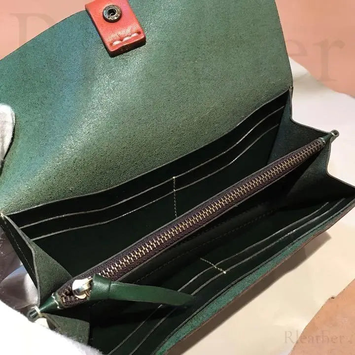 @Cuero italiano Cartera de cuero de cuero para hombre y mujer hecha a mano Verde # 699 | @イタリアンレザー 本革 長財布 メンズ レディース ハンドメイド緑 ＃699