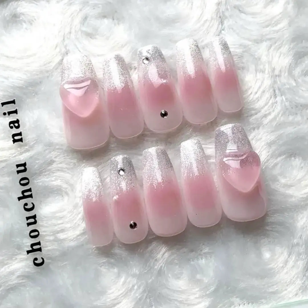 Nail tip, mass-produced type, cheek nail, heart-cuffed, Korean one-hong French girly