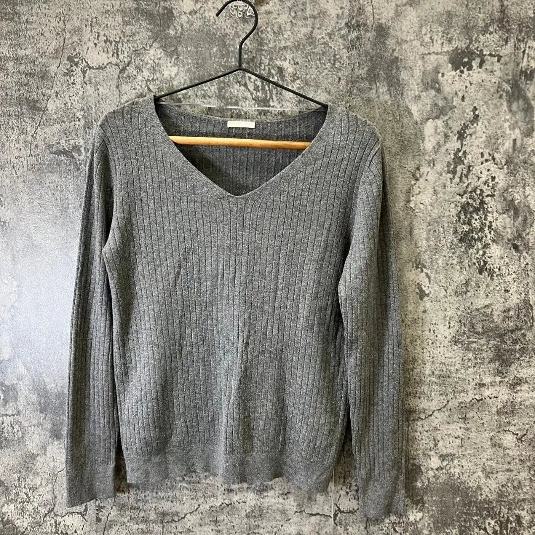 ✨Uniqlo✨Jersey punto canalé♡Cuello en V ancho♡Gris♡Liso♡Mujer (L)