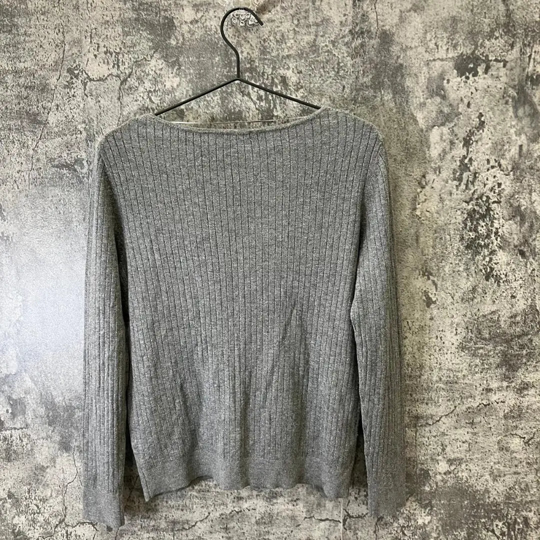 ✨Uniqlo✨Jersey punto canalé♡Cuello en V ancho♡Gris♡Liso♡Mujer (L)