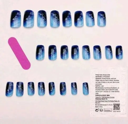 ●Nail Tip☆24 Pieces Medium Blue White Korean Mass Production Type Winter