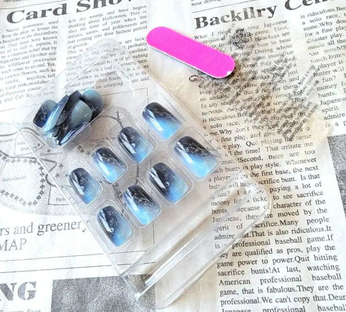 ●Nail Tip☆24 Pieces Medium Blue White Korean Mass Production Type Winter