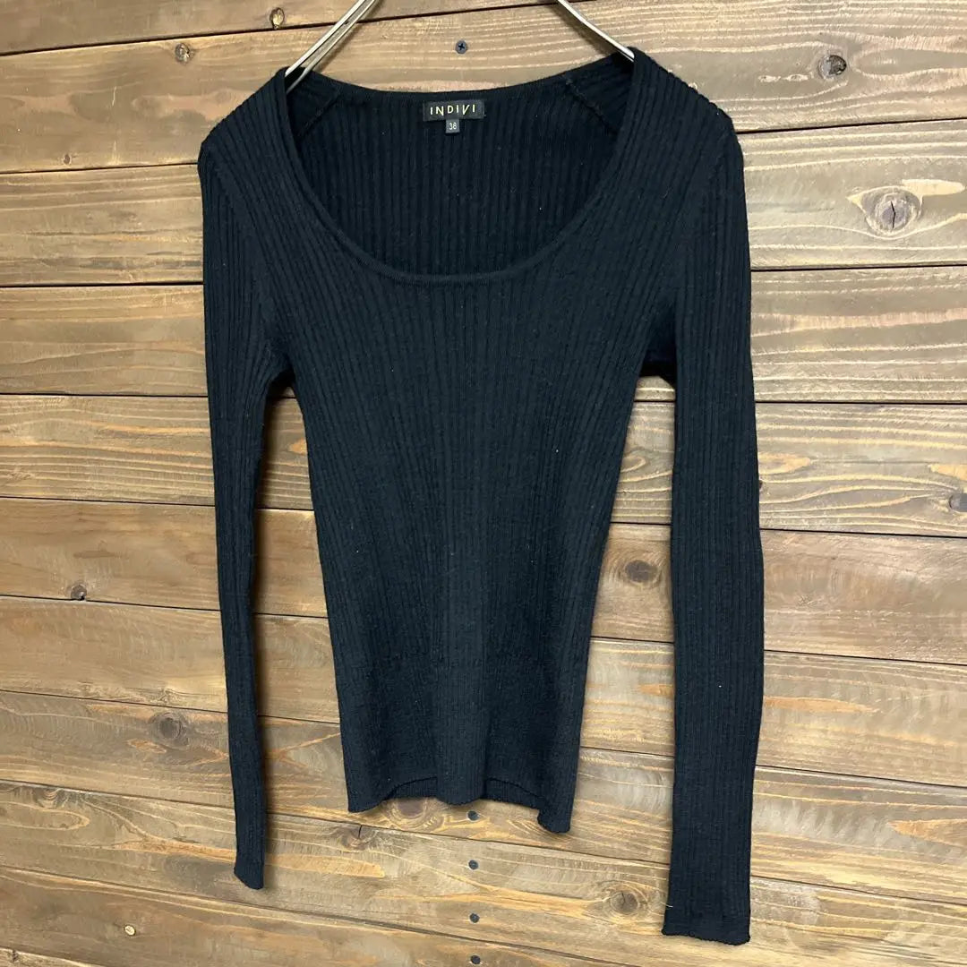 ♦︎【Indivi】INDIVI Black Rib Knit Long Sleeve Knit Saw M