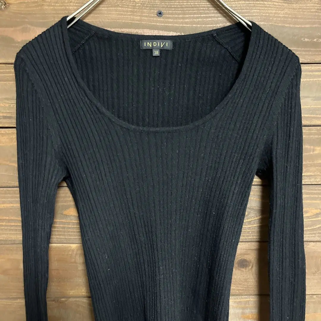 ♦︎【Indivi】INDIVI Black Rib Knit Long Sleeve Knit Saw M