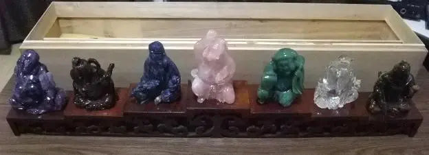 Price reduction possible Good luck Feng Shui, financial luck, crystal, natural stone carving, Seven Lucky Gods, wooden box