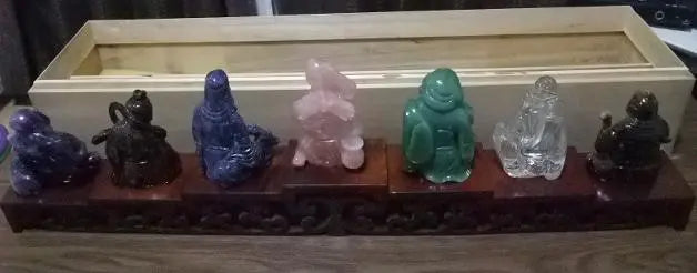 Price reduction possible Good luck Feng Shui, financial luck, crystal, natural stone carving, Seven Lucky Gods, wooden box