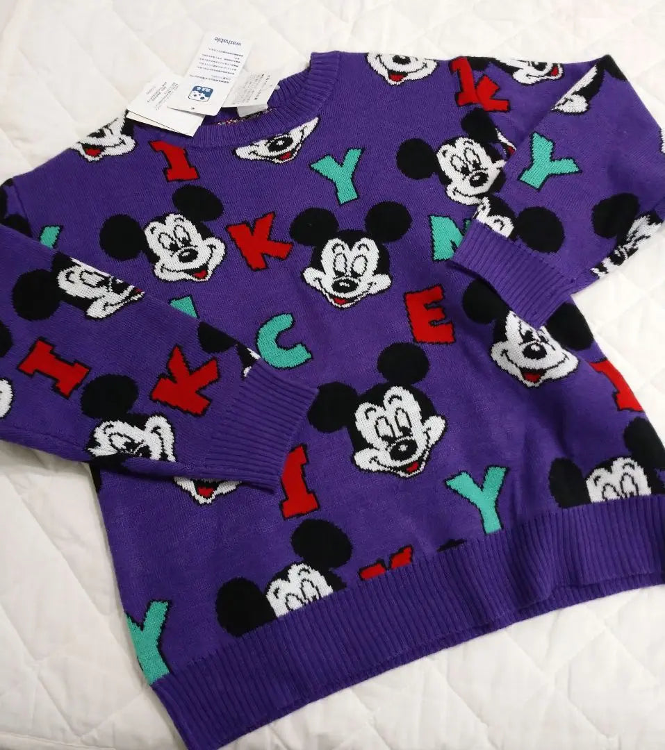 [New] Mickey Mouse Knit Sweater Purple Disney Alphabet English