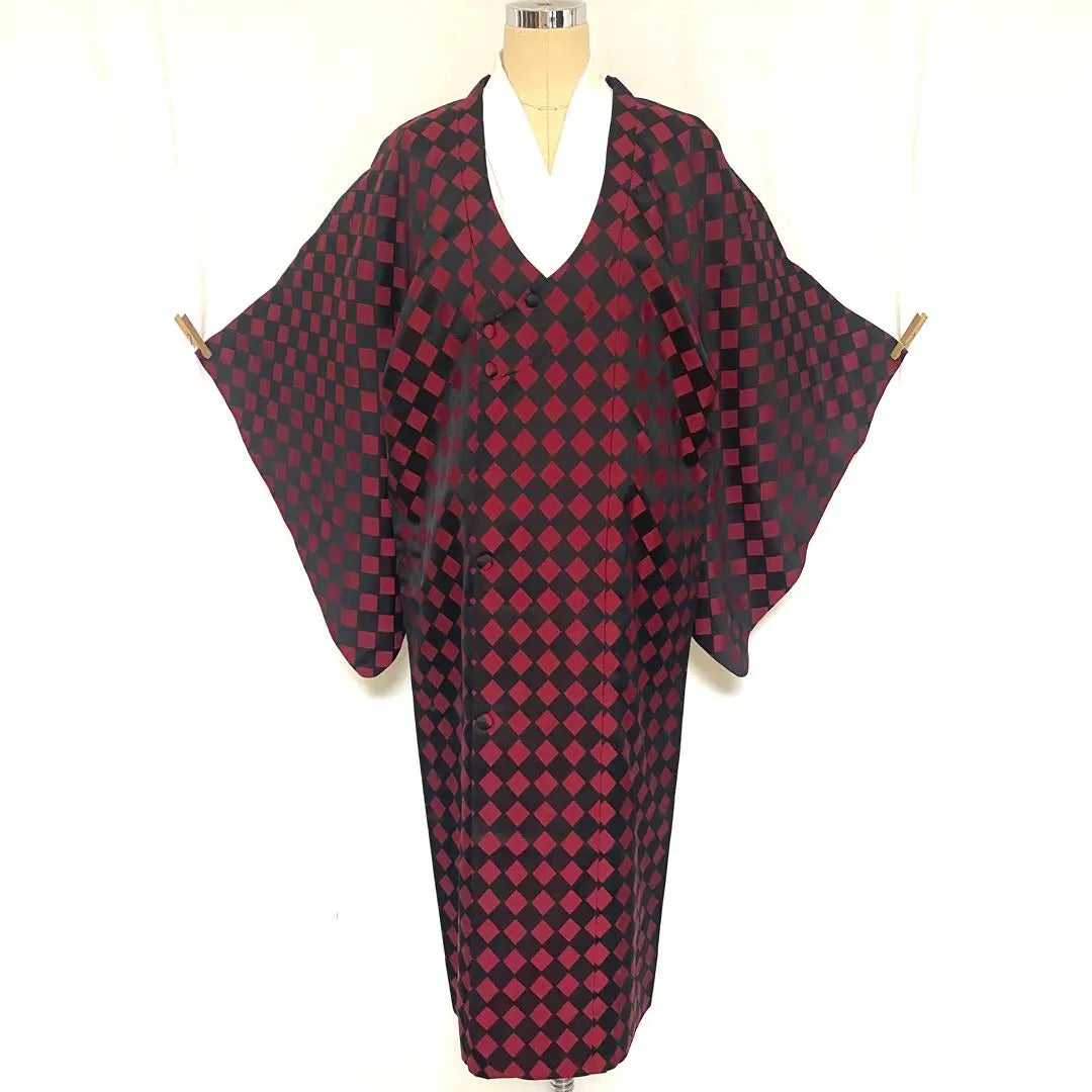 4k2573 Rain coat, pure silk, single-layered, Chiyoda collar, diamond pattern, red, black, patterned, Japanese kimono