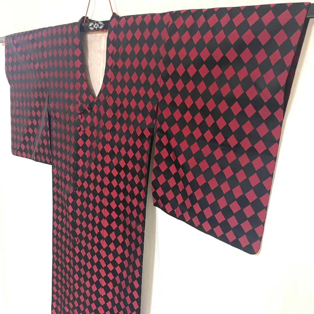 4k2573 Rain coat, pure silk, single-layered, Chiyoda collar, diamond pattern, red, black, patterned, Japanese kimono