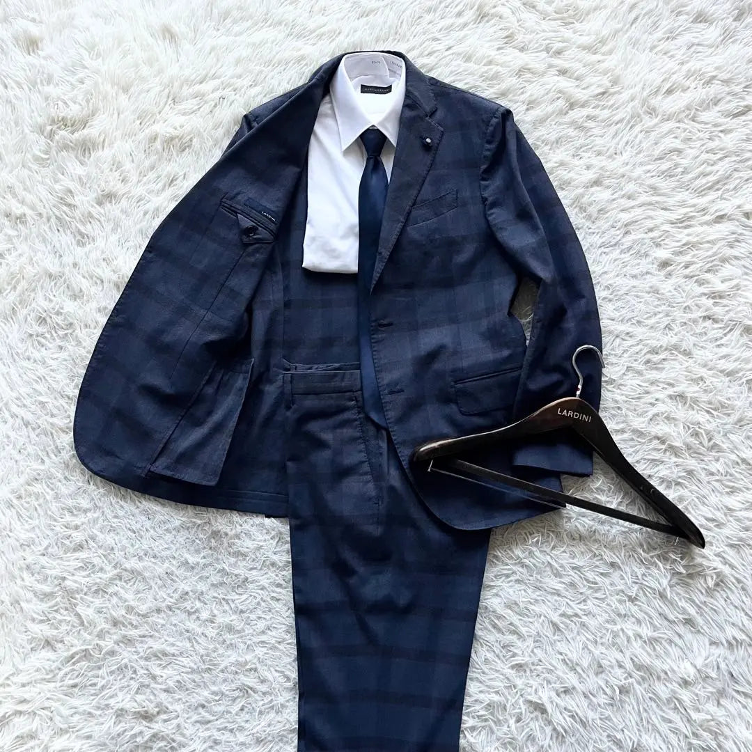 <Good Condition> LARDINI Navy Check Wool Suit Boutonniere 48