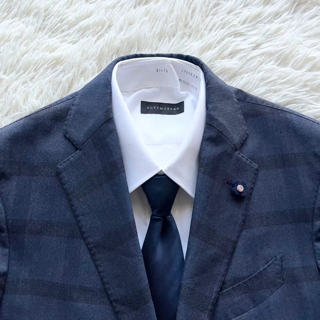 <Good Condition> LARDINI Navy Check Wool Suit Boutonniere 48