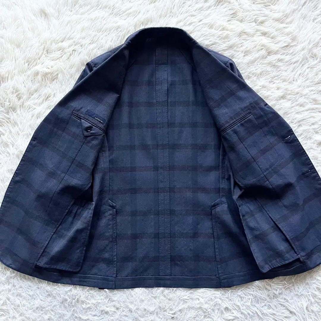 <Good Condition> LARDINI Navy Check Wool Suit Boutonniere 48