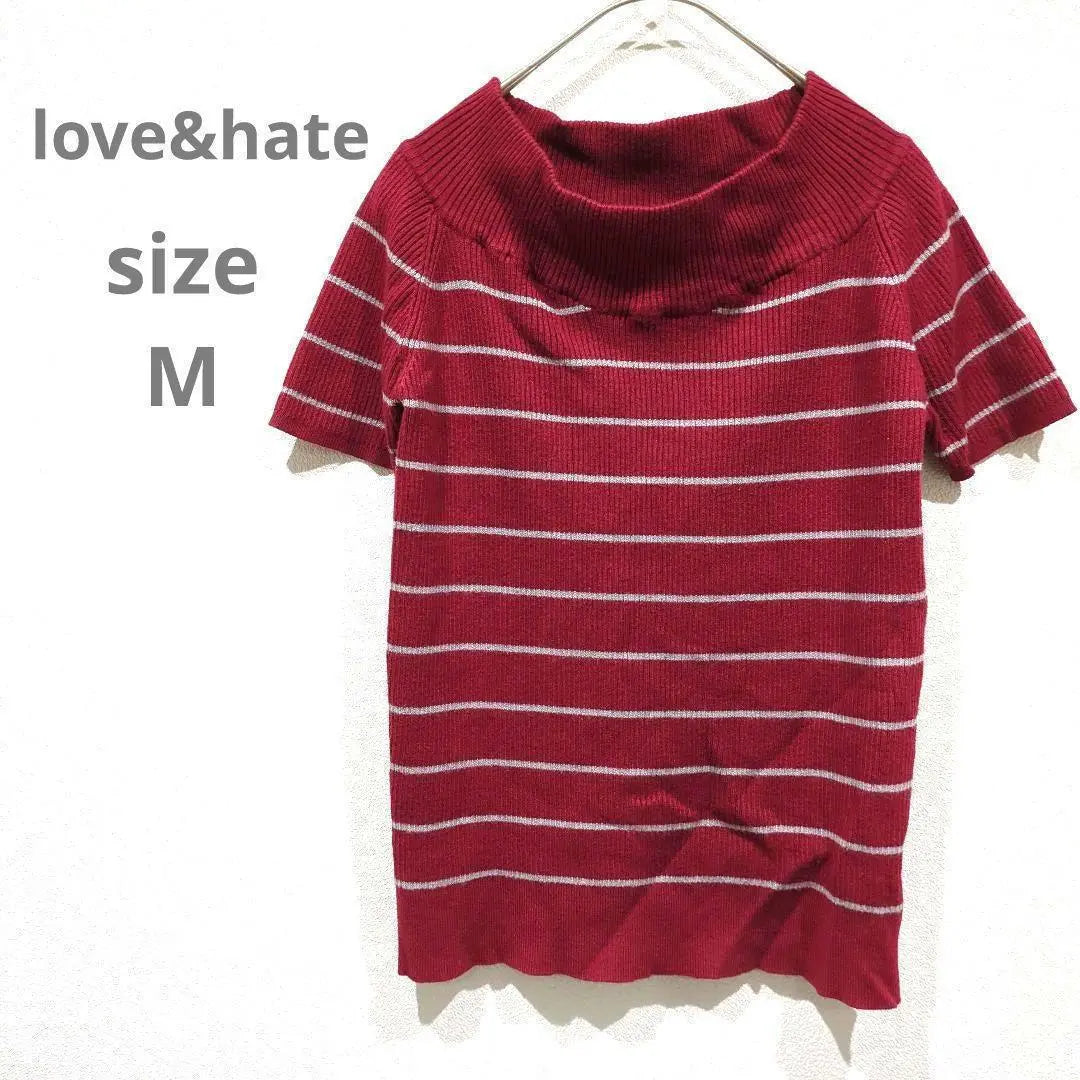 [love&hate] Short-sleeved shirt, knit, red, striped, high neck, M, used clothing