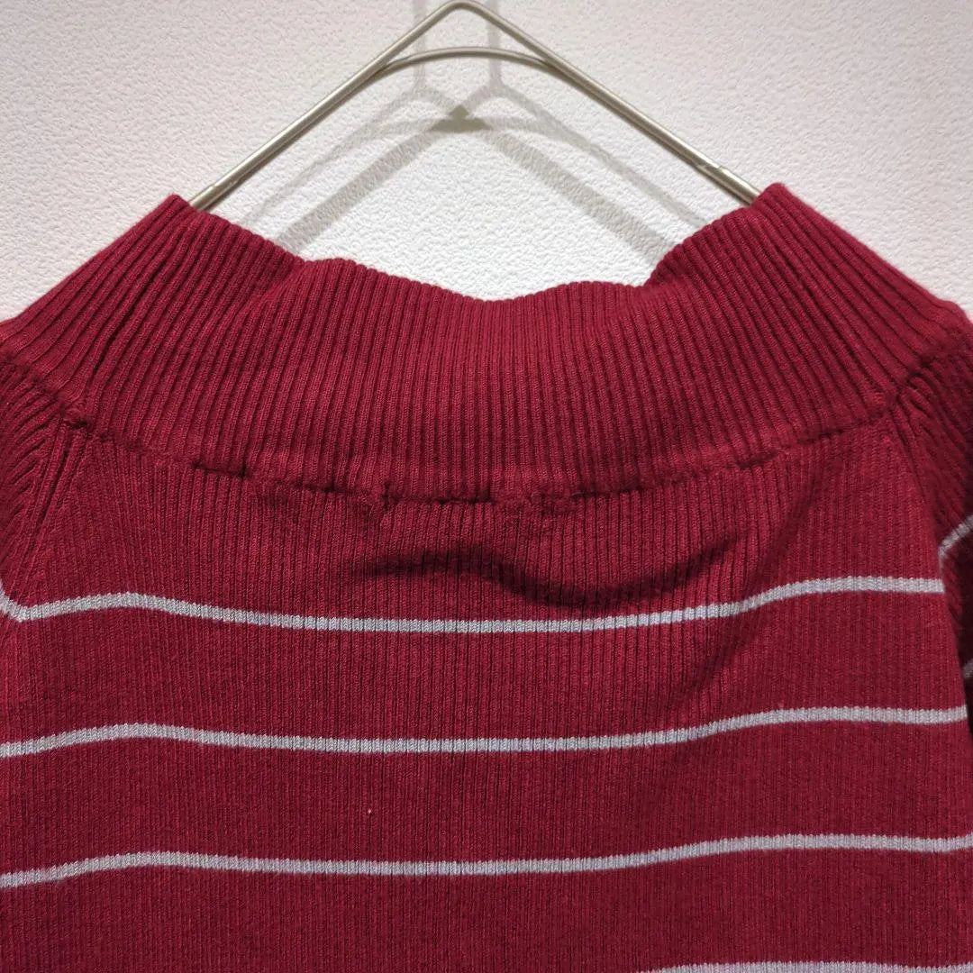 [love&hate] Short-sleeved shirt, knit, red, striped, high neck, M, used clothing