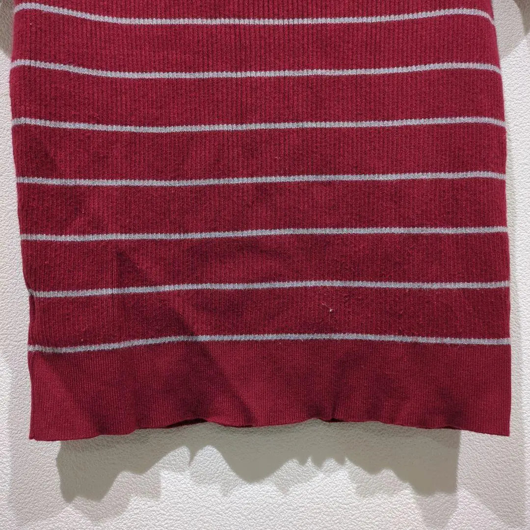 [love&hate] Short-sleeved shirt, knit, red, striped, high neck, M, used clothing