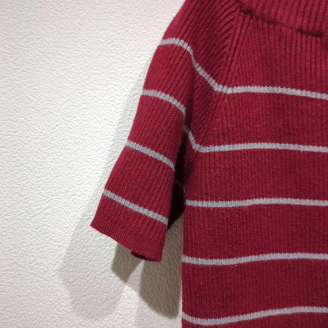 [love&hate] Short-sleeved shirt, knit, red, striped, high neck, M, used clothing