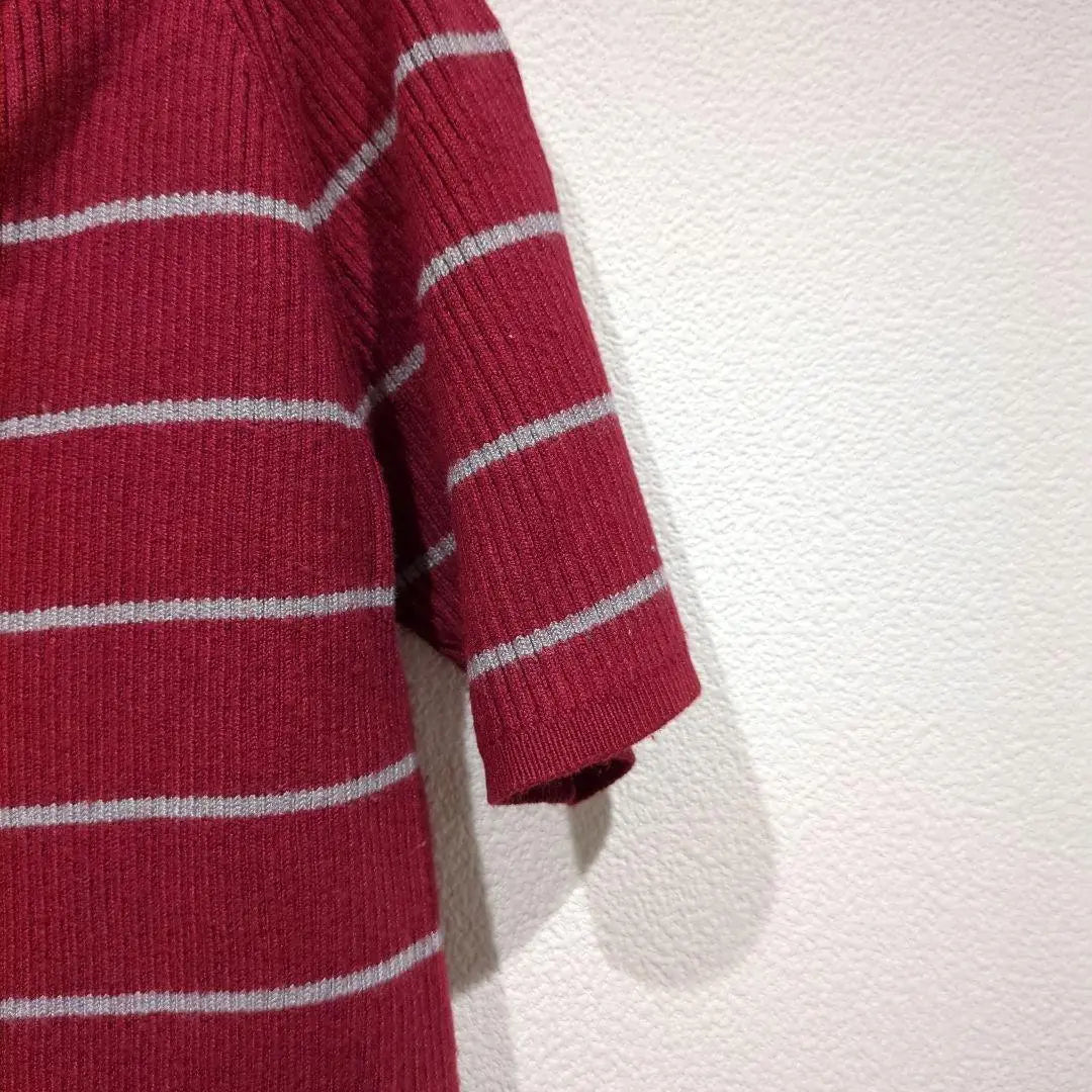 [love&hate] Short-sleeved shirt, knit, red, striped, high neck, M, used clothing