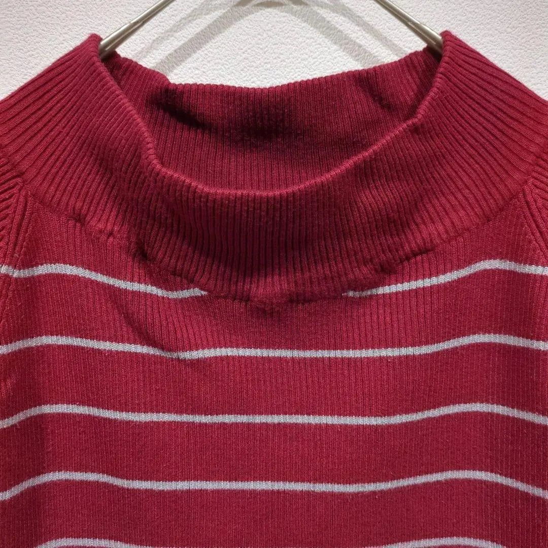 [love&hate] Short-sleeved shirt, knit, red, striped, high neck, M, used clothing