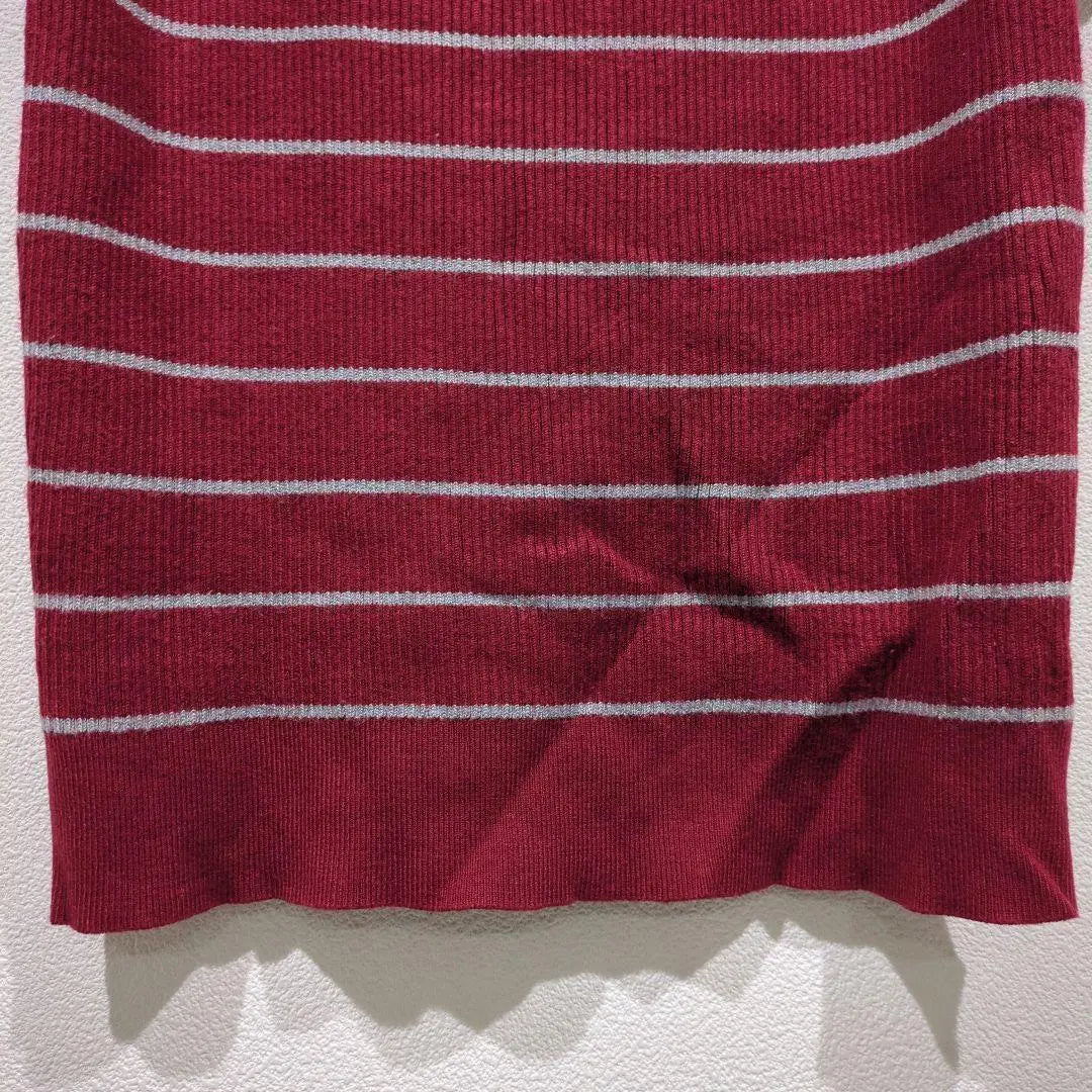 [love&hate] Short-sleeved shirt, knit, red, striped, high neck, M, used clothing