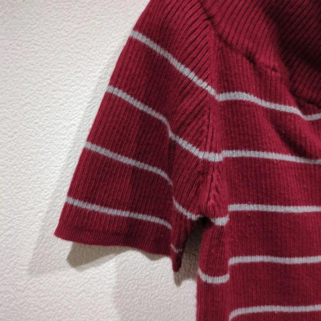 [love&hate] Short-sleeved shirt, knit, red, striped, high neck, M, used clothing