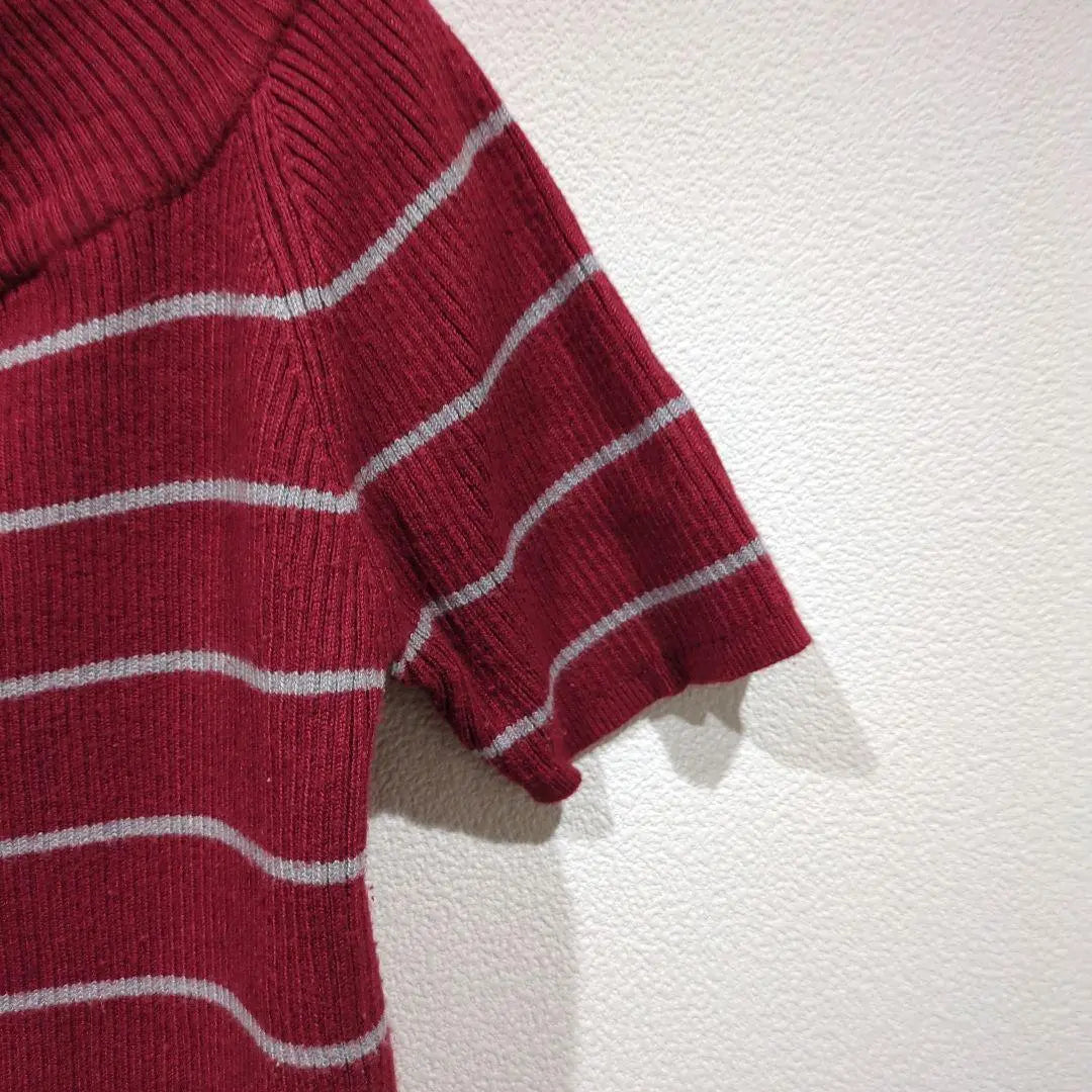 [love&hate] Short-sleeved shirt, knit, red, striped, high neck, M, used clothing