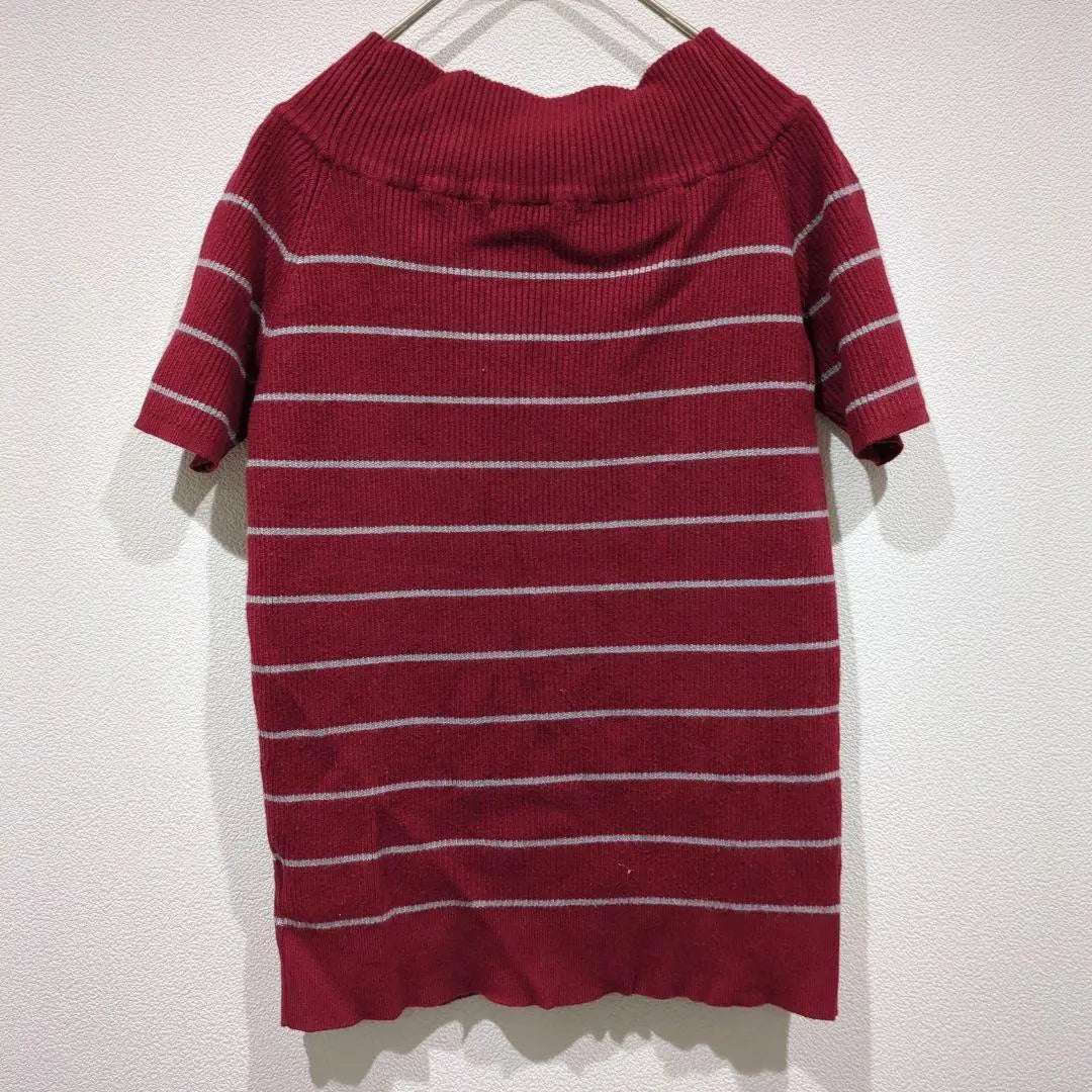 [love&hate] Short-sleeved shirt, knit, red, striped, high neck, M, used clothing