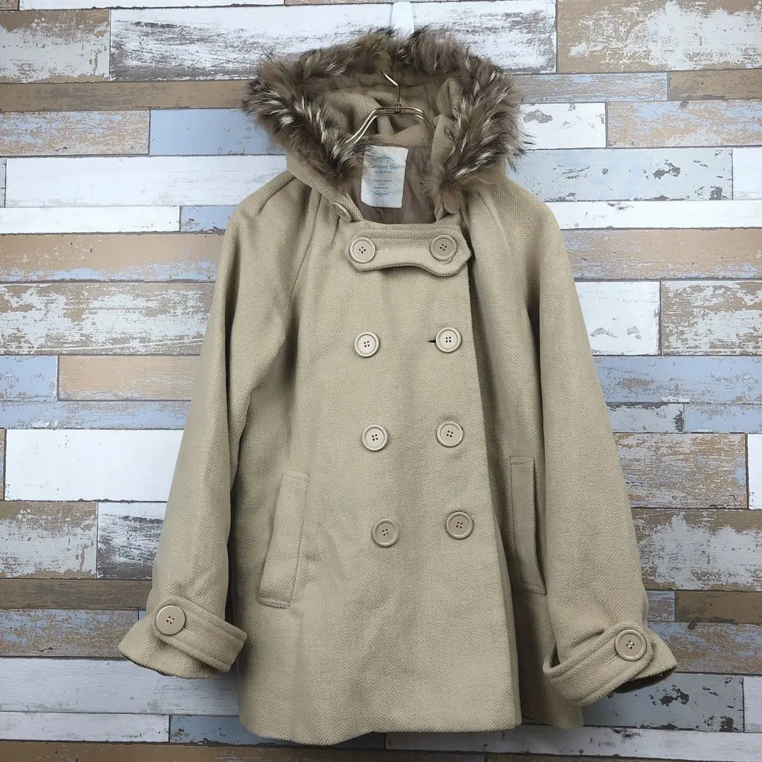 [Cerulean Blue] Beige Women's Coat Hooded Fur Coat