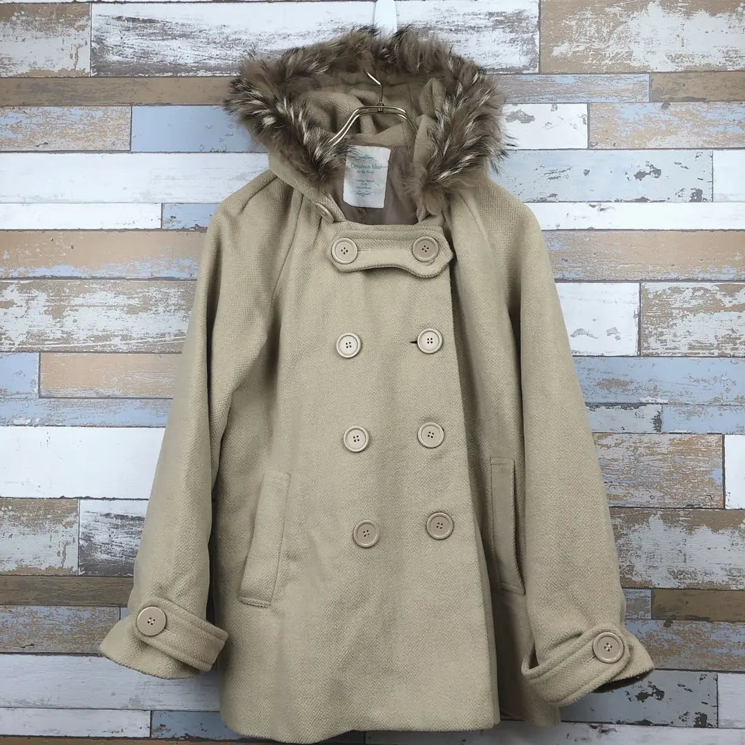 [Cerulean Blue] Beige Women's Coat Hooded Fur Coat