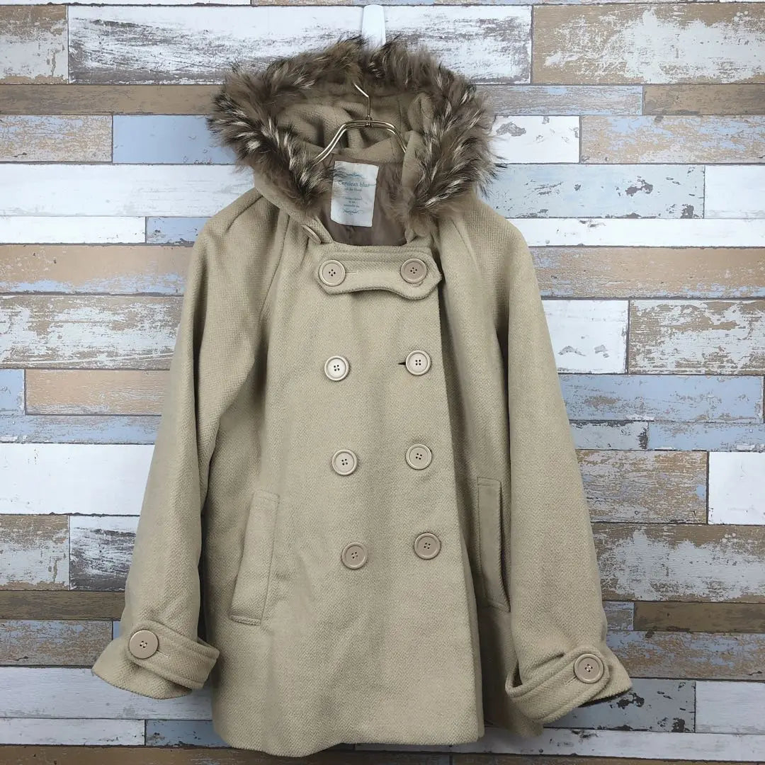 [Cerulean Blue] Beige Women's Coat Hooded Fur Coat